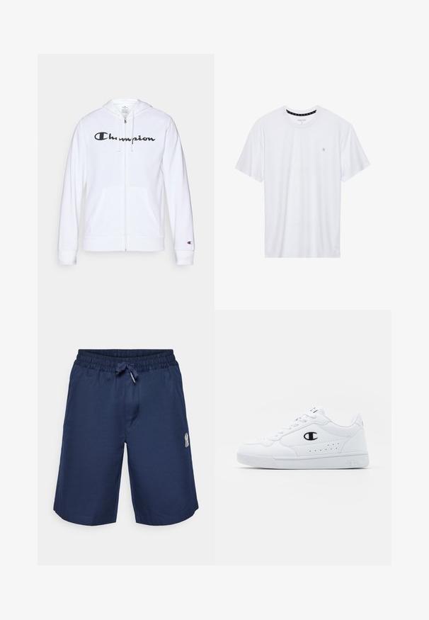 Weißer Reißverschluss-Hoodie aus weichem Stoff, mit einem schwarzen "Champion"-Logo auf der Brust, Kängurutaschen und gerippten Bündchen.; Weißes Crewneck-T-Shirt aus Baumwolle, mit kurzen Ärmeln und einem kleinen, auf der linken Brustseite gestickten Logo. Weiche Textur.; Marineblaue Shorts aus leichtem Stoff, mit einem elastischen Bund und einem Kordelzug sowie einer Vordertasche. Enthält ein kleines Logodetail.; Weißes sportliches Sneakerpaar mit glattem, synthetischen Obermaterial, schwarzem Logo-Akzent und perforierten Details an der Seite. Gummisohle.