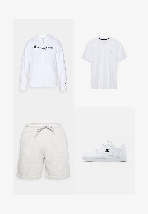 Sweatshirt branca com fecho, feita de tecido macio, apresentando um logótipo preto da "Champion" no peito, bolsos canguru e punhos canelados.; Camiseta branca de gola redonda feita de algodão, com mangas curtas e um pequeno logótipo bordado na área do peito esquerdo. Textura suave.; Calções de algodão cinza claro com cintura elástica, cordão de ajuste e bainha dobrada. Apresenta um pequeno logótipo branco no lado inferior.; Sapatilhas brancas de desporto com um cabedal sintético liso, detalhes em preto no logótipo e perfurações na lateral. Sola em borracha.