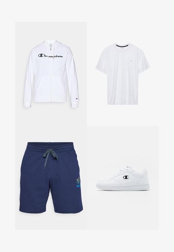 Valge tõmbluku eest avanev kapuutsiga pusa, mis on valmistatud pehmest kangast. Ees on must "Champion" logo, taskud on nagu känguru taskud ja varrukaotsad on soonilised.; Valge ümar kaelusega T-särk, mis on valmistatud puuvillast, lühikeste varrukatega ja vasakus rinnas on väike tikand. Pehme tekstuur.; Tumesinised lühikesed püksid, millel on nööriga vöökoht, milles on rohelise ja sinise triibuga lint. Küljel on mitmevärviline logo.; Valged spordijalatsid, millel on sile sünteetiline pealmine osa, must logo aktsent ja perforatsioonid külgedel. Kummikreen.