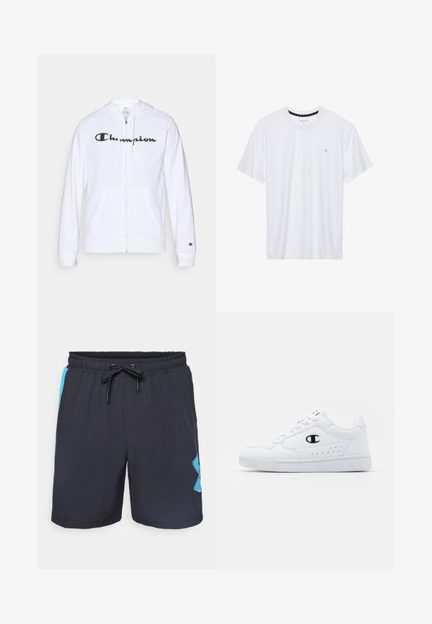 Balts zip-up džemperis, izgatavots no mīkstas auduma, ar melnu "Champion" logotipu uz krūtīm, kengura kabatām un ribotām piedurknēm.; Balts krekliņš ar apaļu kakla izgriezumu, izgatavots no kokvilnas, ar īsām piedurknēm un mazu logo izšuvumu kreisajā krūtīs. Mīksta tekstūra.; Melni sporta šorti ar elastīgu jostu, sarežģītu slēgšanu, sānu zilām paneļiem un izteiktu gaiši zilu logotipu labajā kājā.; Baltas sporta apavi ar gludu sintētisku augšdaļu, melnu logotipa akcentu un perforētu apdari sānos. Gumijas zole.