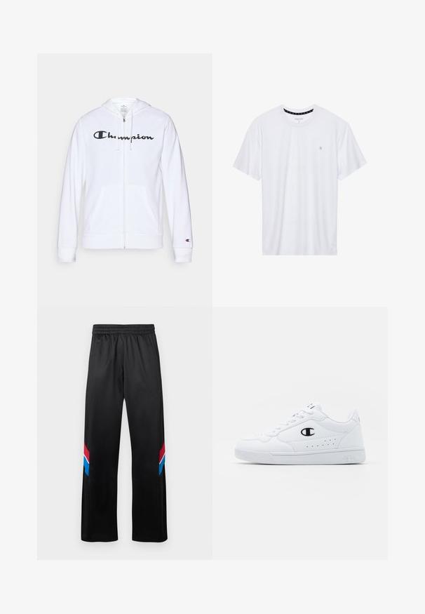 Sweatshirt branca com fecho, feita de tecido macio, apresentando um logótipo preto da "Champion" no peito, bolsos canguru e punhos canelados.; Camiseta branca de gola redonda feita de algodão, com mangas curtas e um pequeno logótipo bordado na área do peito esquerdo. Textura suave.; Calças atléticas pretas com um cós elástico. Apresenta riscas diagonais vermelhas e azuis nos lados exteriores. Tecido leve e suave.; Sapatilhas brancas de desporto com um cabedal sintético liso, detalhes em preto no logótipo e perfurações na lateral. Sola em borracha.
