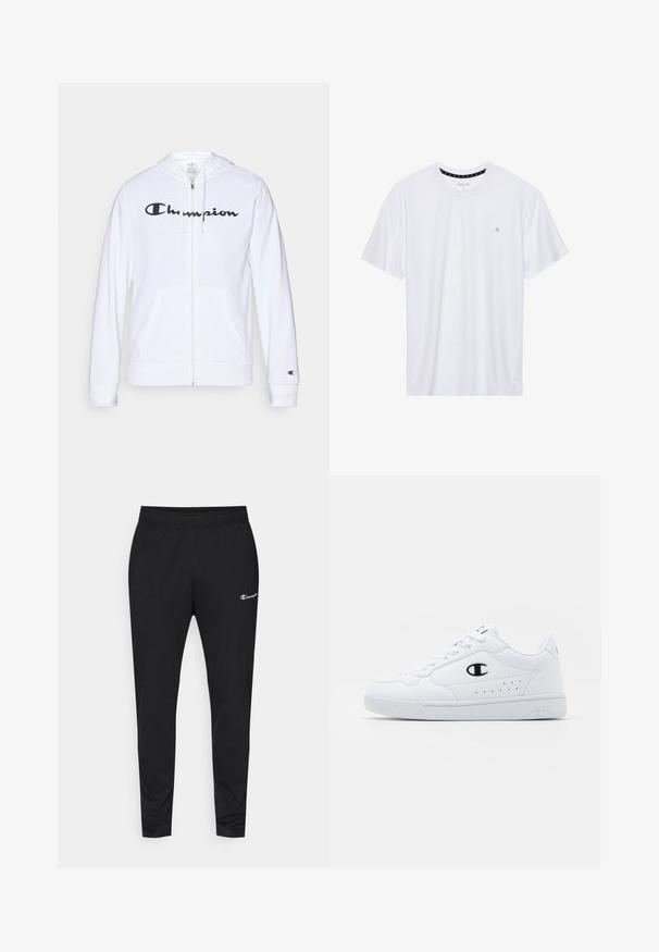 Hanorac alb cu fermoar, fabricat dintr-un material moale, având un logo negru "Champion" pe piept, buzunare tip kangaroo și manșete ribbate.; Tricou alb cu guler rotund, realizat din bumbac, cu mâneci scurte și un mic logo brodat în zona stângă a pieptului. Textură moale.; Pantaloni sportivi negri cu un cordon elastic la talie, design cu picioare înguste și un mic logo alb în partea superioară stângă a coapsei. Material neted.; Adidași albi pentru sport, cu o parte superioară din material sintetic neted, accent cu logo negru și detalii perforate pe lateral. Talpă din cauciuc.