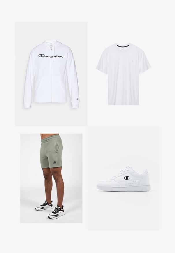 Valge tõmbluku eest avanev kapuutsiga pusa, mis on valmistatud pehmest kangast. Ees on must "Champion" logo, taskud on nagu känguru taskud ja varrukaotsad on soonilised.; Valge ümar kaelusega T-särk, mis on valmistatud puuvillast, lühikeste varrukatega ja vasakus rinnas on väike tikand. Pehme tekstuur.; Oliivroheline lühike püksid elastse vöökoha, küljetaskute ja musta logoga. Koos mustade ja valgete spordijalatsitega.; Valged spordijalatsid, millel on sile sünteetiline pealmine osa, must logo aktsent ja perforatsioonid külgedel. Kummikreen.