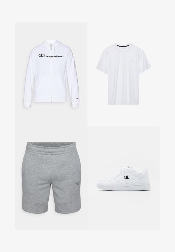 Valkoinen vetoketjullinen huppari, joka on valmistettu pehmeästä kankaasta. Hupparissa on musta "Champion"-logo rinnassa, kengurupocketsit ja ribbauskkeet.; Valkoinen pyöreäkauluksinen t-paita, joka on valmistettu puuvillasta. Siinä on lyhyet hihat ja pieni logo brodeerattuna vasempaan rintakehään. Pehmeä pinta.; Harmaat urheilushortsit pehmeää kangasta, jossa on joustava vyötärö ja sivupainatus. Tasainen pinta, suora leikkaus, polvipituus.; Valkoiset urheilunikenrät, joissa on sileä synteettinen päällinen, musta logo-aksentti ja rei'itetty yksityiskohta sivuilla. Kumipohja.