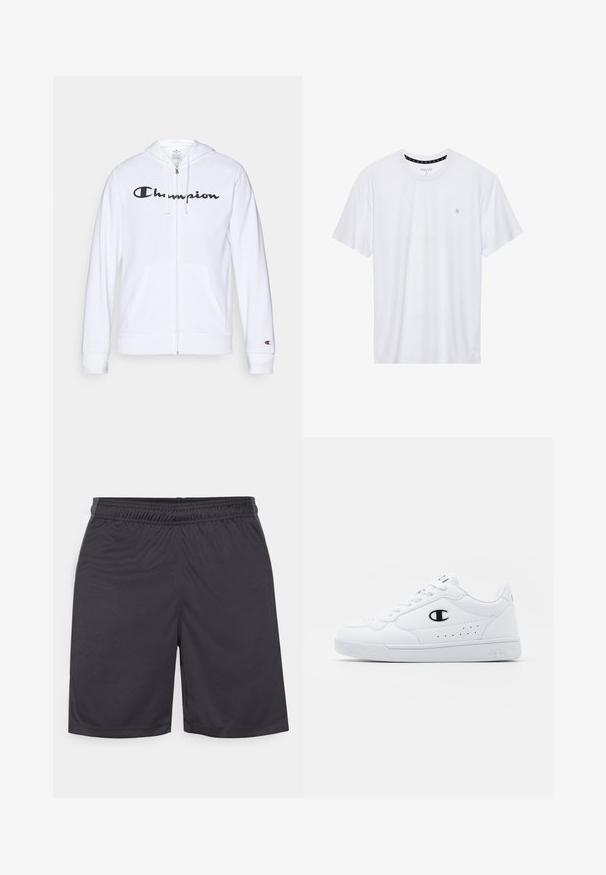 Balta užtrauktuku užsegama džemperis, pagamintas iš minkštos medžiagos, su juodu "Champion" logotipu krūtinėje, kengūrų tipo kišenėmis ir ribotu rankogaliais.; Balta apvalios kaklo marškinėliai, pagaminti iš medvilnės, su trumpomis rankovėmis ir mažuoju logotipu, išsiuvinėtu kairėje krūtinės pusėje. Minkštas audinys.; Juodi sportiniai šortai, pagaminti iš lygaus, lengvo audinio. Turi elastinį juosmenį ir siūlomu apdailą, be matomų kišenių ar raštų.; Baltos sportinės kedai su lygiu sintetinės medžiagos viršumi, juodu logotipo akcentu ir perforuotomis detalėmis šonuose. Gumos padas.