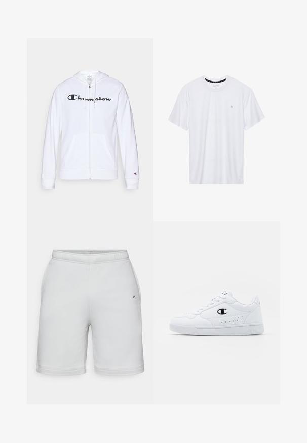 Bílá mikina na zip vyrobená z měkké tkaniny, s černým logem "Champion" na hrudi, kapsami ve tvaru klokaní kapsy a žebrovanými manžetami.; Bílý crewneck tričko vyrobené z bavlny, s krátkými rukávy a malým logem vyšitým na levé straně hrudi. Měkká textura.; Bílé sportovní šortky vyrobené z hladkého materiálu, s elastickým pasem a malým černým logem na dolní levé straně.; Bílé sportovní tenisky s hladkým syntetickým svrškem, černým logem a perforovanými detaily po stranách. Gumová podrážka.