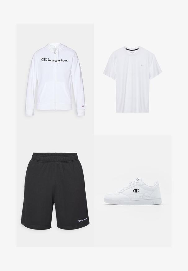 Hvit zip-up hettegenser laget av myk stoff, med en svart "Champion" logo på brystet, kengurulommer og ribbede mansjetter.; Hvit crewneck t-skjorte laget av bomull, med korte ermer og en liten logo brodert på venstre brystområde. Myk tekstur.; Svart shorts laget av lett stoff, med elastisk livbelte og en liten brodert logo på nedre venstre side.; Hvite atletiske joggesko med en glatt syntetisk overdel, svart logo-akcent og perforerte detaljer på siden. Gummisåle.