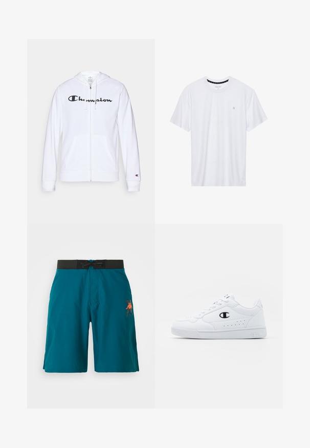 Hvit zip-up hettegenser laget av myk stoff, med en svart "Champion" logo på brystet, kengurulommer og ribbede mansjetter.; Hvit crewneck t-skjorte laget av bomull, med korte ermer og en liten logo brodert på venstre brystområde. Myk tekstur.; Turkise svømmedrakker laget av lett materiale. Har en svart elastisk midje med snøring og en oransje logo på venstre side.; Hvite atletiske joggesko med en glatt syntetisk overdel, svart logo-akcent og perforerte detaljer på siden. Gummisåle.