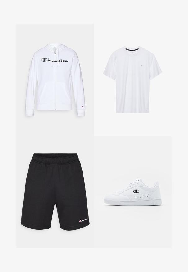 Sudadera blanca con cremallera hecha de tela suave, que presenta un logo negro de "Champion" en el pecho, bolsillos tipo canguro y puños acanalados.; Camiseta de algodón de cuello redondo en color blanco, con mangas cortas y un pequeño logo bordado en el área del pecho izquierdo. Textura suave.; Pantalones cortos deportivos negros de tela suave. Cuentan con una cinturilla elástica y un pequeño logo blanco en la parte inferior derecha. Diseño sencillo.; Zapatillas deportivas blancas con un upper sintético suave, acento del logo en negro y detalles perforados en los laterales. Suela de goma.