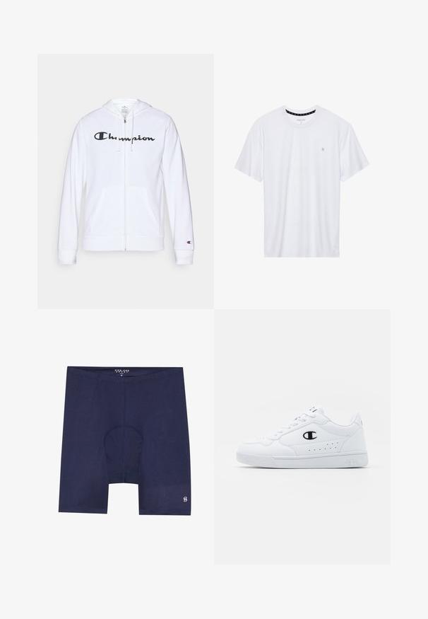 Sweatshirt branca com fecho, feita de tecido macio, apresentando um logótipo preto da "Champion" no peito, bolsos canguru e punhos canelados.; Camiseta branca de gola redonda feita de algodão, com mangas curtas e um pequeno logótipo bordado na área do peito esquerdo. Textura suave.; Calções de atletismo azul-marinho feitos de tecido liso e leve. Apresentam um bolso contornado e um pequeno logótipo na parte inferior da perna.; Sapatilhas brancas de desporto com um cabedal sintético liso, detalhes em preto no logótipo e perfurações na lateral. Sola em borracha.