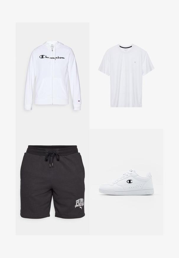 Fehér zipzáros kapucnis felső, puha anyagból készült, fekete "Champion" logóval a mellkasán, kenguruzsebekkel és bordás mandzsettákkal.; Fehér, pamutból készült folt nélküli póló, rövid ujjakkal és a bal melle részén elhelyezett, hímzett kis logóval. Puha tapintású.; Fekete pamut rövidnadrág húzózsinórral a derékon, oldalsó zsebekkel, és nyomtatott "PUMA sports club" logóval. Puha tapintású és laza dizájnú.; Fehér sportcipők sima, szintetikus felsőrésszel, fekete logóval és perforált részletekkel az oldalon. Gumi talp.