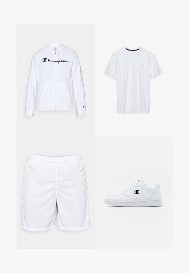 Valkoinen vetoketjullinen huppari, joka on valmistettu pehmeästä kankaasta. Hupparissa on musta "Champion"-logo rinnassa, kengurupocketsit ja ribbauskkeet.; Valkoinen pyöreäkauluksinen t-paita, joka on valmistettu puuvillasta. Siinä on lyhyet hihat ja pieni logo brodeerattuna vasempaan rintakehään. Pehmeä pinta.; Valkoiset urheilushortsit, jotka on valmistettu kevyestä kankaasta, ja joissa on joustava vyötärönauha, tasaiset saumat ja yksinkertainen muotoilu ilman taskuja.; Valkoiset urheilunikenrät, joissa on sileä synteettinen päällinen, musta logo-aksentti ja rei'itetty yksityiskohta sivuilla. Kumipohja.