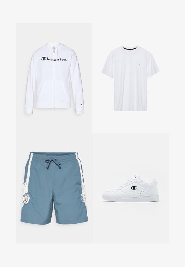Bijela zip-up dukserica izrađena od mekog materijala, s crnim "Champion" logotipom na prsima, kengur džepovima i rebrastim manžetama.; Bijela majica s okruglim izrezom, izrađena od pamuka, s kratkim rukavima i malim logotipom izvezenim na lijevoj strani prsnog područja. Meka tekstura.; Muške kupaće pantalone u tirkiznoj boji, sa elastičnim pojasom i vezicom, belim bočnim detaljima i oznakom loga Manchester City.; Bijele atletske tenisice s glatkim sintetičkim gornjištem, crnim logotipom i perforiranim detaljima sa strane. Guma potplat.