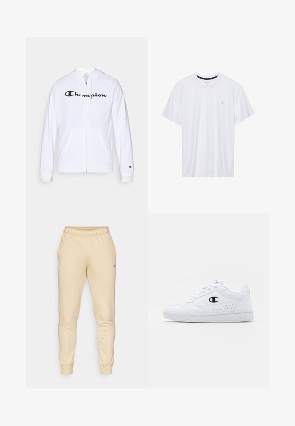 Bijela zip-up dukserica izrađena od mekog materijala, s crnim "Champion" logotipom na prsima, kengur džepovima i rebrastim manžetama.; Bijela majica s okruglim izrezom, izrađena od pamuka, s kratkim rukavima i malim logotipom izvezenim na lijevoj strani prsnog područja. Meka tekstura.; Bež trenirke izrađene od mekog materijala, sa suženim nogavicama, elastičnim pojasom, bočnim džepovima i malim logotipom na lijevom bedru.; Bijele atletske tenisice s glatkim sintetičkim gornjištem, crnim logotipom i perforiranim detaljima sa strane. Guma potplat.