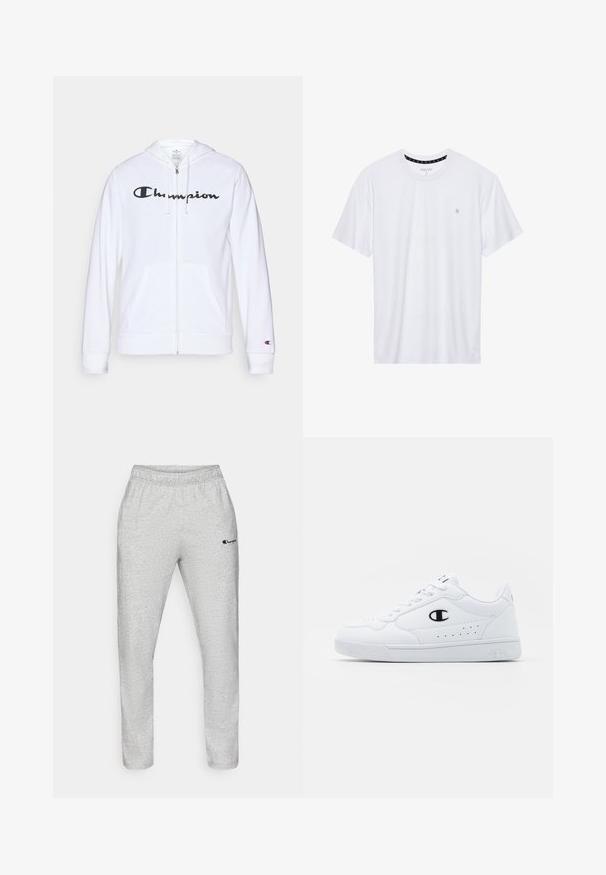 Weißer Reißverschluss-Hoodie aus weichem Stoff, mit einem schwarzen "Champion"-Logo auf der Brust, Kängurutaschen und gerippten Bündchen.; Weißes Crewneck-T-Shirt aus Baumwolle, mit kurzen Ärmeln und einem kleinen, auf der linken Brustseite gestickten Logo. Weiche Textur.; Hellgraue Sweatpants mit elastischem Bund. Weicher, strukturierter Stoff mit einem dezenten Muster. Kleines gesticktes Logo in Marineblau.; Weißes sportliches Sneakerpaar mit glattem, synthetischen Obermaterial, schwarzem Logo-Akzent und perforierten Details an der Seite. Gummisohle.
