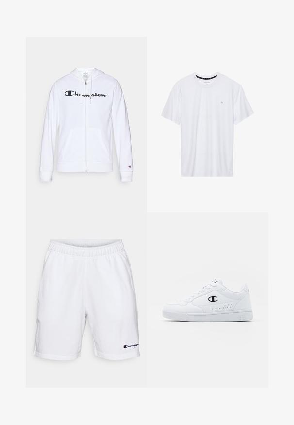 Sudadera blanca con cremallera hecha de tela suave, que presenta un logo negro de "Champion" en el pecho, bolsillos tipo canguro y puños acanalados.; Camiseta de algodón de cuello redondo en color blanco, con mangas cortas y un pequeño logo bordado en el área del pecho izquierdo. Textura suave.; Pantalones cortos de algodón blancos con cintura elástica y corte recto. Presenta un pequeño logo "Champion" en azul y rojo en la parte inferior izquierda.; Zapatillas deportivas blancas con un upper sintético suave, acento del logo en negro y detalles perforados en los laterales. Suela de goma.