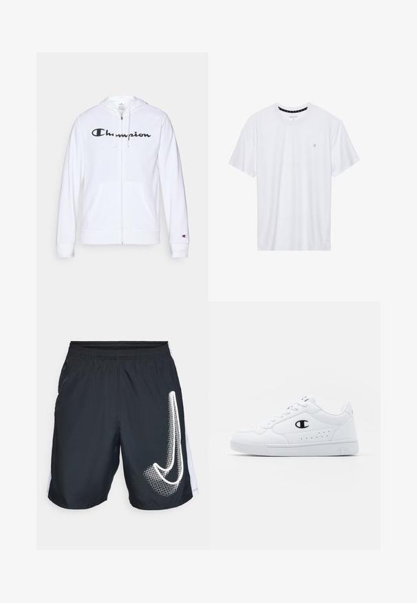 Felpa bianca con zip realizzata in tessuto morbido, con un logo "Champion" nero sul petto, tasche a kangaroo e polsini a costine.; T-shirt bianca a girocollo realizzata in cotone, con maniche corte e un piccolo logo ricamato sulla parte sinistra del petto. Texture morbida.; Pantaloni sportivi neri realizzati in tessuto leggero, con una grafica bianca sulla gamba sinistra e dettagli bianchi ai lati. Vita elastica.; Sneakers atletici bianchi con pelle sintetica liscia, accento del logo nero e dettagli perforati sul lato. Suola in gomma.