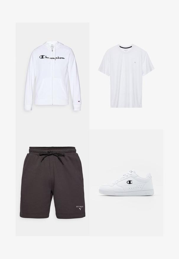 Sudadera blanca con cremallera hecha de tela suave, que presenta un logo negro de "Champion" en el pecho, bolsillos tipo canguro y puños acanalados.; Camiseta de algodón de cuello redondo en color blanco, con mangas cortas y un pequeño logo bordado en el área del pecho izquierdo. Textura suave.; Pantalones cortos deportivos negros hechos de una tela suave, con una cintura elástica con cordón y un logo impreso en blanco en la parte inferior de la pierna.; Zapatillas deportivas blancas con un upper sintético suave, acento del logo en negro y detalles perforados en los laterales. Suela de goma.