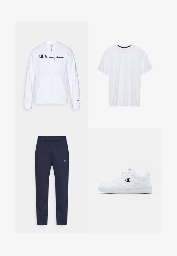 Witte zip-up hoodie van zachte stof, met een zwart "Champion" logo op de borst, kangoeroe zakken en geribbelde manchetten.; Witte crewneck t-shirt van katoen, met korte mouwen en een klein logo geborduurd op de linkerborst. Zachte textuur.; Marineblauwe sweatpants met een elastische tailleband, taps toelopende pijpen en een klein wit logo op de linker dij. Gemaakt van zachte, rekbare stof.; Witte sportschoenen met een glad bovenwerk van synthetisch materiaal, zwarte logoaccenten en geperforeerde details aan de zijkant. Rubberen zool.