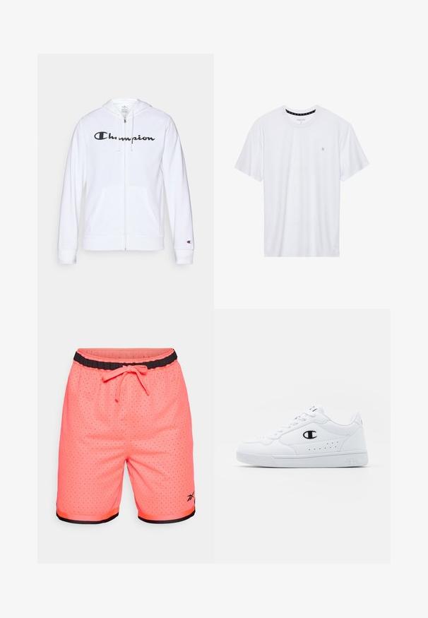 Sudadera blanca con cremallera hecha de tela suave, que presenta un logo negro de "Champion" en el pecho, bolsillos tipo canguro y puños acanalados.; Camiseta de algodón de cuello redondo en color blanco, con mangas cortas y un pequeño logo bordado en el área del pecho izquierdo. Textura suave.; Shorts deportivos de color rosa neón con tejido de malla, cinturilla elástica negra, cordón ajustable y detalles de dobladillo en negro contrastante.; Zapatillas deportivas blancas con un upper sintético suave, acento del logo en negro y detalles perforados en los laterales. Suela de goma.