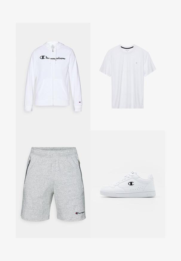 Valge tõmbluku eest avanev kapuutsiga pusa, mis on valmistatud pehmest kangast. Ees on must "Champion" logo, taskud on nagu känguru taskud ja varrukaotsad on soonilised.; Valge ümar kaelusega T-särk, mis on valmistatud puuvillast, lühikeste varrukatega ja vasakus rinnas on väike tikand. Pehme tekstuur.; Hallid hallid spordilühikesed püksid elastse vöökoha, külje tõmblukkude ja hemisel oleva tekstilogoga. Pehme kangas helesinise tekstuuriga.; Valged spordijalatsid, millel on sile sünteetiline pealmine osa, must logo aktsent ja perforatsioonid külgedel. Kummikreen.