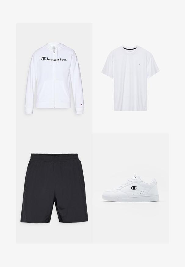 Valge tõmbluku eest avanev kapuutsiga pusa, mis on valmistatud pehmest kangast. Ees on must "Champion" logo, taskud on nagu känguru taskud ja varrukaotsad on soonilised.; Valge ümar kaelusega T-särk, mis on valmistatud puuvillast, lühikeste varrukatega ja vasakus rinnas on väike tikand. Pehme tekstuur.; Mustad mustadrõngad elastse vöökoha ja küljetaskutega, loodud mugavuseks ja aktiivseks kandmiseks.; Valged spordijalatsid, millel on sile sünteetiline pealmine osa, must logo aktsent ja perforatsioonid külgedel. Kummikreen.