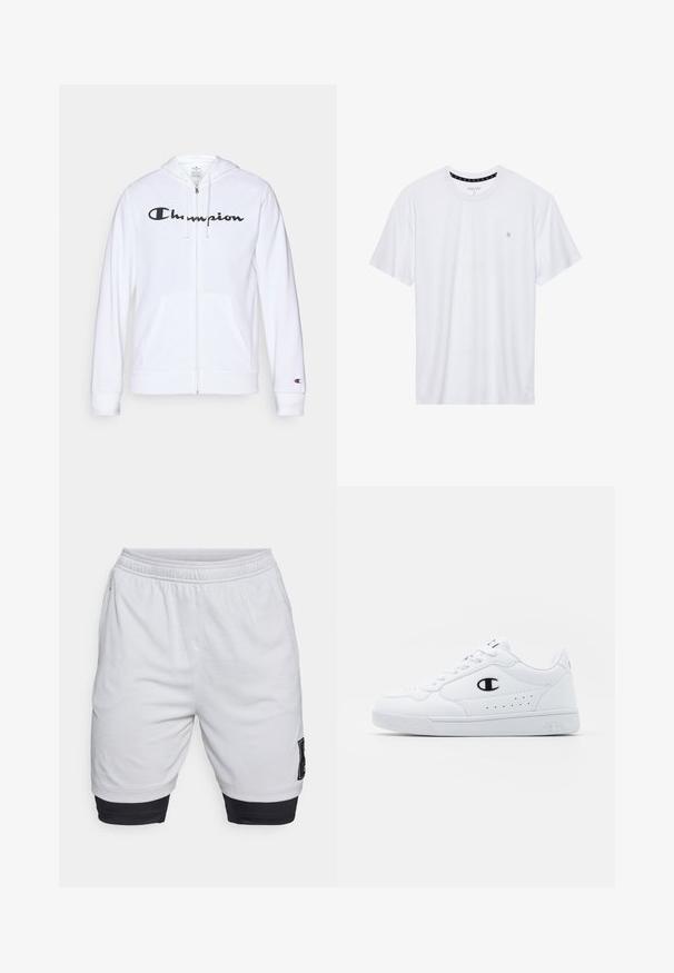 Balta užtrauktuku užsegama džemperis, pagamintas iš minkštos medžiagos, su juodu "Champion" logotipu krūtinėje, kengūrų tipo kišenėmis ir ribotu rankogaliais.; Balta apvalios kaklo marškinėliai, pagaminti iš medvilnės, su trumpomis rankovėmis ir mažuoju logotipu, išsiuvinėtu kairėje krūtinės pusėje. Minkštas audinys.; Balti sportiniai šortai su elastinga juosta, su juoda apdaila ir šone esančiu logotipo ženkleliu. Pagaminti iš lengvos medžiagos.; Baltos sportinės kedai su lygiu sintetinės medžiagos viršumi, juodu logotipo akcentu ir perforuotomis detalėmis šonuose. Gumos padas.
