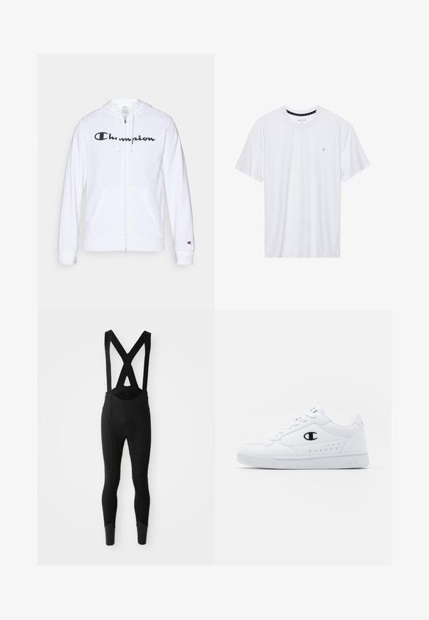 Bela zip-up kapuca iz mehkega materiala, s črnim logotipom "Champion" na prsih, kengurujskimi žepi in rebrastimi manšetami.; Belo majica s kratkimi rokavi iz bombaža, z okroglim izrezom, ki na levem delu prsnega koša nosi majhen izvezen logotip. Mehka tekstura.; Črne kolesarske hlače z naramnicami v obliki X, nastavljivimi naramnicami, teksturiranimi paneli in oprijetimi hlačnicami, ki se na gležnju zožijo.; Bela atletska športna obutev z gladkim sintetičnim zgornjim delom, črnimi logotipnimi detajli in perforacijami na strani. Guma podplat.