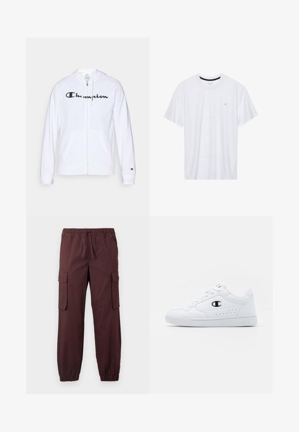 Hvit zip-up hettegenser laget av myk stoff, med en svart "Champion" logo på brystet, kengurulommer og ribbede mansjetter.; Hvit crewneck t-skjorte laget av bomull, med korte ermer og en liten logo brodert på venstre brystområde. Myk tekstur.; Brune cargo-bukser med elastisk talje og ankelmanchetter, med forreste sidelommer og store klaffelommer på hvert lår.; Hvite atletiske joggesko med en glatt syntetisk overdel, svart logo-akcent og perforerte detaljer på siden. Gummisåle.