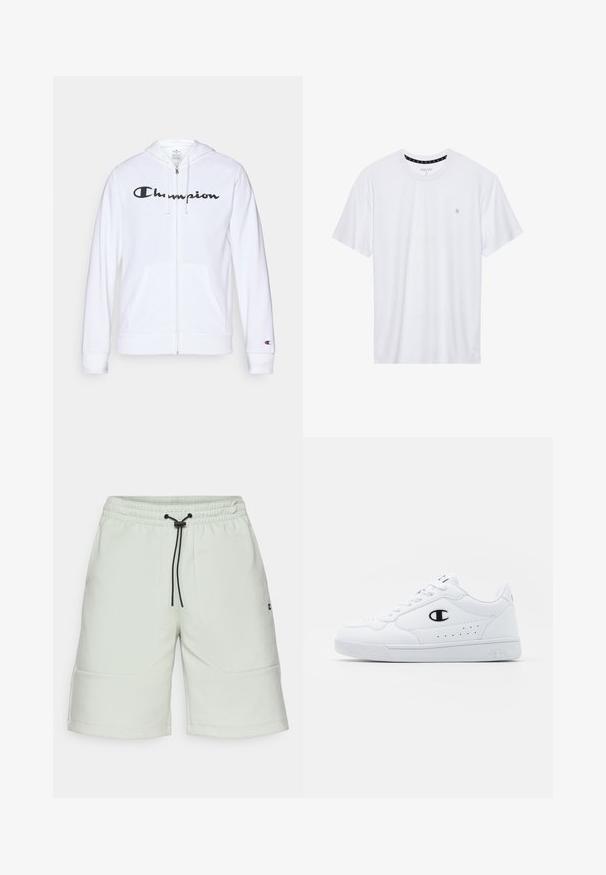 Valkoinen vetoketjullinen huppari, joka on valmistettu pehmeästä kankaasta. Hupparissa on musta "Champion"-logo rinnassa, kengurupocketsit ja ribbauskkeet.; Valkoinen pyöreäkauluksinen t-paita, joka on valmistettu puuvillasta. Siinä on lyhyet hihat ja pieni logo brodeerattuna vasempaan rintakehään. Pehmeä pinta.; Vaaleanvihreät lyhyet housut pehmeästä kankaasta, joissa on joustava vyötärö, nyöri ja kaksi etutaskua. Sivulla on logo.; Valkoiset urheilunikenrät, joissa on sileä synteettinen päällinen, musta logo-aksentti ja rei'itetty yksityiskohta sivuilla. Kumipohja.