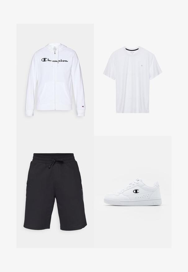Valge tõmbluku eest avanev kapuutsiga pusa, mis on valmistatud pehmest kangast. Ees on must "Champion" logo, taskud on nagu känguru taskud ja varrukaotsad on soonilised.; Valge ümar kaelusega T-särk, mis on valmistatud puuvillast, lühikeste varrukatega ja vasakus rinnas on väike tikand. Pehme tekstuur.; Champion ICONS LONG BERMUDA SHORTS SMALL LOGO - Spordišortsid - black; Valged spordijalatsid, millel on sile sünteetiline pealmine osa, must logo aktsent ja perforatsioonid külgedel. Kummikreen.