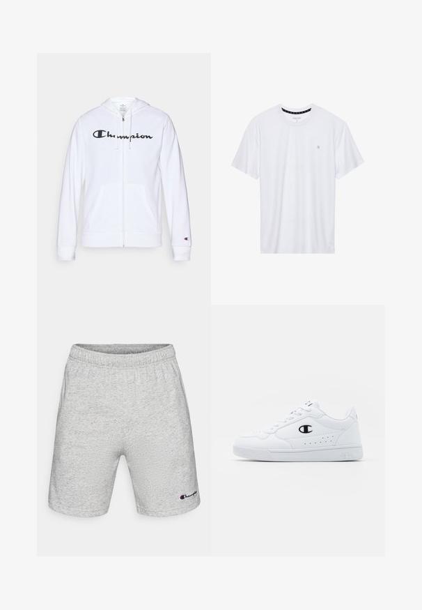 Vit zip-up hoodie i mjukt tyg, med en svart "Champion"-logotyp på bröstet, kängurufickor och ribbad mudd.; Vitt crewneck t-shirt i bomull, med korta ärmar och en liten logotyp broderad på vänstra bröstområdet. Mjuk textur.; Grå shorts i bomullsblandning med elastisk midja, med en liten broderad logotyp på vänster lår. Mjuk, texturerad tyg.; Vita atletiska sneakers med en slät syntetisk ovandel, svart logotypdetalj och perforerade detaljer på sidan. Gummisula.