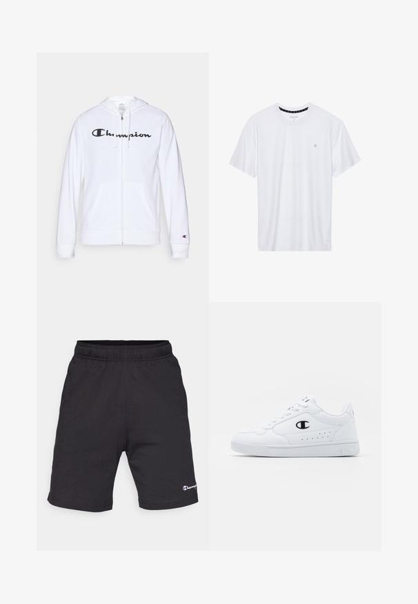 Valge tõmbluku eest avanev kapuutsiga pusa, mis on valmistatud pehmest kangast. Ees on must "Champion" logo, taskud on nagu känguru taskud ja varrukaotsad on soonilised.; Valge ümar kaelusega T-särk, mis on valmistatud puuvillast, lühikeste varrukatega ja vasakus rinnas on väike tikand. Pehme tekstuur.; Mustad mustad lühikesed püksid, mis on valmistatud siledast kangast, elastse vöökoha ja väikese valge Championi logoga vasakul alumisel küljel.; Valged spordijalatsid, millel on sile sünteetiline pealmine osa, must logo aktsent ja perforatsioonid külgedel. Kummikreen.