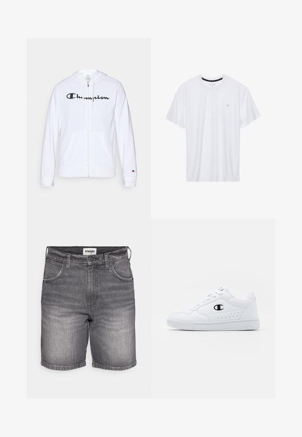 Biała bluza z kapturem na zamek, wykonana z miękkiego materiału, z czarnym logo "Champion" na piersi, kieszeniami kangurzymi i ściagaczami na rękawach.; Biała koszulka z okrągłym dekoltem, wykonana z bawełny, z krótkimi rękawami i małym haftowanym logo po lewej stronie na klatce piersiowej. Miękka w dotyku.; Szare dżinsowe szorty o klasycznym kroju, z delikatnym przetarciem, pięcioma kieszeniami oraz metką z logo Wrangler na pasku.; Białe sportowe sneakersy z gładką syntetyczną cholewką, czarnym akcentem logo i perforowanymi detalami po boku. Gumowa podeszwa.
