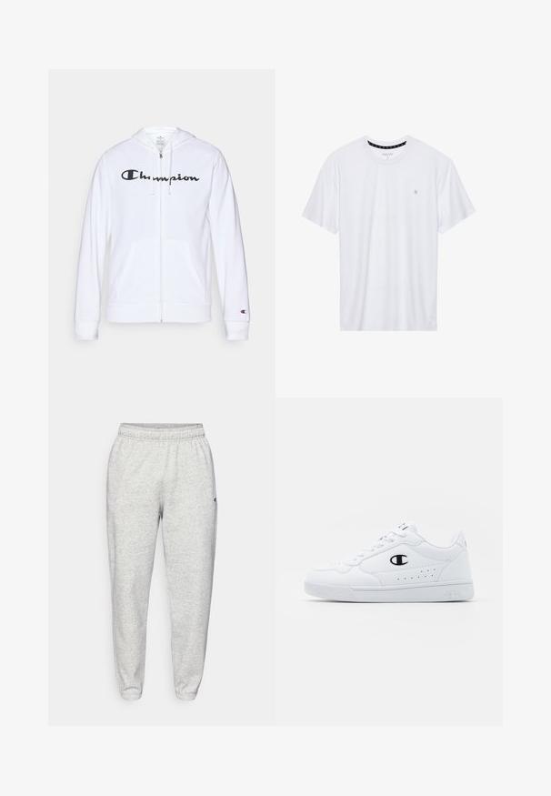 Hvid zip-hoodie lavet af blødt stof, med et sort "Champion" logo på brystet, kængurulommer og ribbede manchetter.; Hvid crewneck t-shirt lavet af bomuld, med korte ærmer og et lille logo broderet på venstre brystområde. Blød tekstur.; Champion ICONS CUFF PANTS - Træningsbukser - grey; Hvide atletiske sneakers med en glat syntetisk overdel, sort logoaccent og perforerede detaljer på siden. Gummisål.