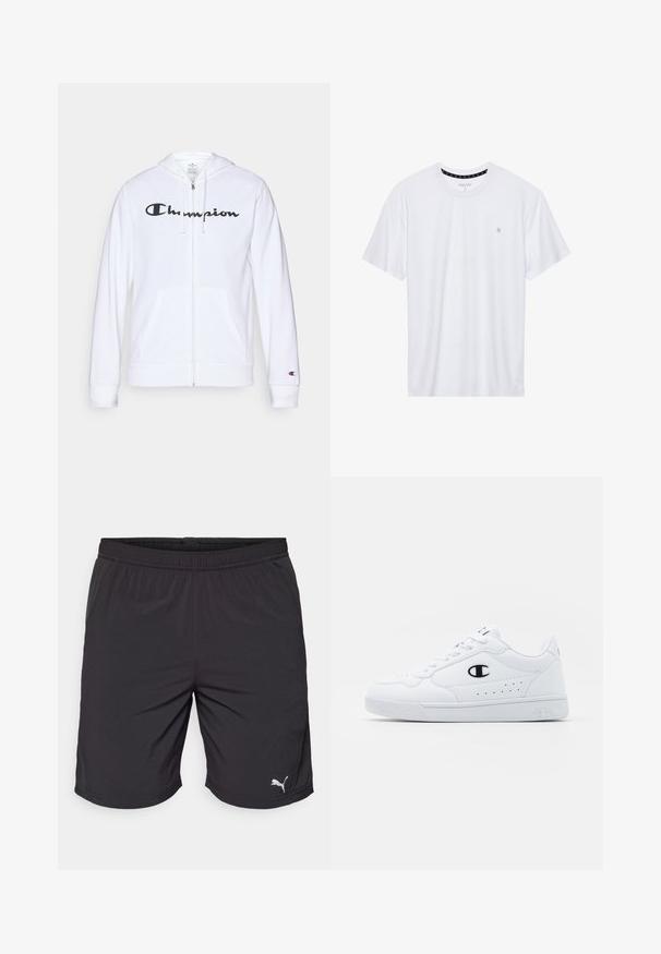 Bijela zip-up dukserica izrađena od mekog materijala, s crnim "Champion" logotipom na prsima, kengur džepovima i rebrastim manžetama.; Bijela majica s okruglim izrezom, izrađena od pamuka, s kratkim rukavima i malim logotipom izvezenim na lijevoj strani prsnog područja. Meka tekstura.; Crne atletske hlače od laganog materijala s elastičnom gumom u struku. Imaju mali bijeli Puma logo na donjem lijevom dijelu.; Bijele atletske tenisice s glatkim sintetičkim gornjištem, crnim logotipom i perforiranim detaljima sa strane. Guma potplat.
