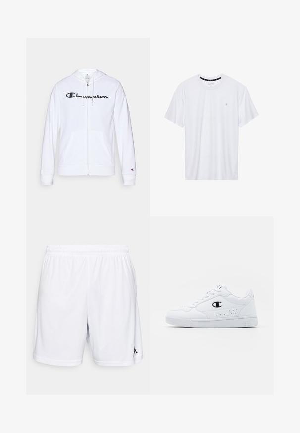 Sweatshirt branca com fecho, feita de tecido macio, apresentando um logótipo preto da "Champion" no peito, bolsos canguru e punhos canelados.; Camiseta branca de gola redonda feita de algodão, com mangas curtas e um pequeno logótipo bordado na área do peito esquerdo. Textura suave.; Calções atléticos brancos feitos de tecido leve, com um cós elástico e um detalhe de logotipo preto na parte inferior da perna esquerda.; Sapatilhas brancas de desporto com um cabedal sintético liso, detalhes em preto no logótipo e perfurações na lateral. Sola em borracha.
