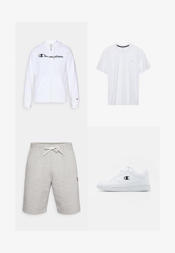 Vit zip-up hoodie i mjukt tyg, med en svart "Champion"-logotyp på bröstet, kängurufickor och ribbad mudd.; Vitt crewneck t-shirt i bomull, med korta ärmar och en liten logotyp broderad på vänstra bröstområdet. Mjuk textur.; Grå shorts i bomullsblandning med elastisk midja och vit dragsko. Har en liten logotyp på vänster sida i svart och rött.; Vita atletiska sneakers med en slät syntetisk ovandel, svart logotypdetalj och perforerade detaljer på sidan. Gummisula.