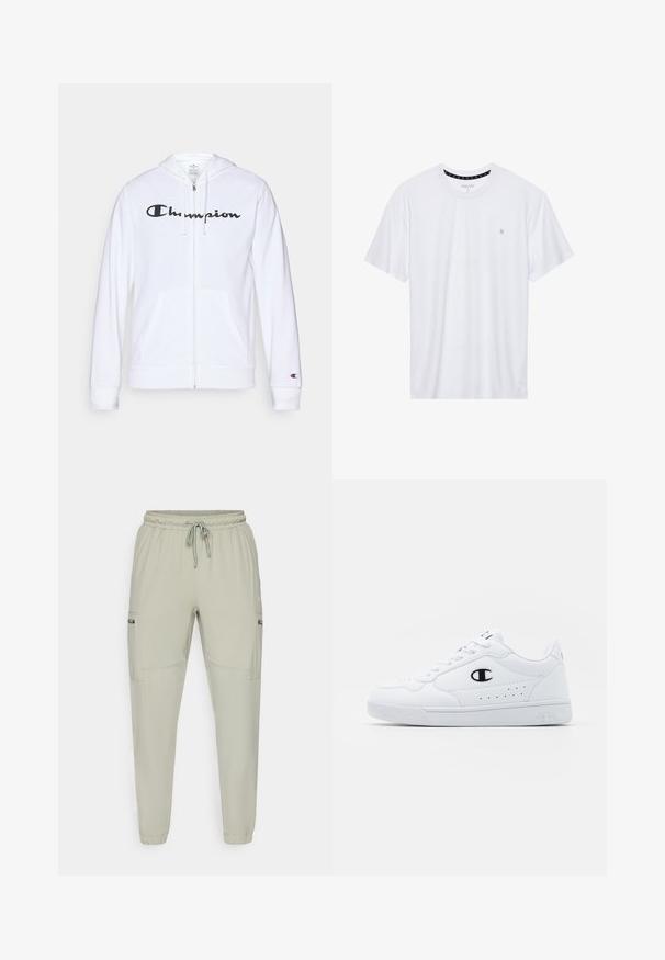 Biela zipsová mikina vyrobená z mäkkej tkaniny, s čiernym logom "Champion" na hrudi, klokankovými vreckami a rebrovanými manžetami.; Biele tričko s okrúhlym výstrihom vyrobené z bavlny, s krátkymi rukávmi a malým logom vyšitým na ľavej strane hrude. Mäkká textúra.; Svetlozelené jogger nohavice vyrobené z ľahkého materiálu, s elastickým pásom, šnurovaním a dvoma bočnými vreckami.; Biele športové tenisky s hladkým syntetickým zvrškom, čiernym logom a perforovanými detailmi na boku. Gumová podošva.