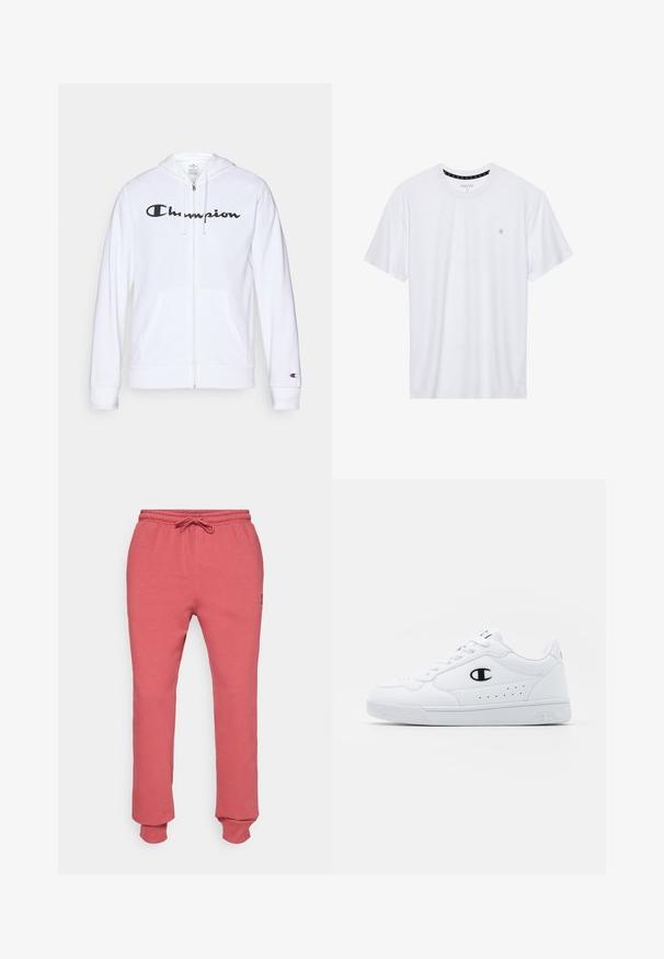 White zip-up hoodie made of soft fabric, featuring a black "Champion" logo on the chest, kangaroo pockets, and ribbed cuffs.; White crewneck t-shirt made of cotton, featuring short sleeves and a small logo embroidered on the left chest area. Soft texture.; Heathered pink sweatpants with an elastic waistband and drawstring, featuring tapered legs and ribbed cuffs at the ankles.; White athletic sneakers with a smooth synthetic upper, black logo accent, and perforated detailing on the side. Rubber sole.