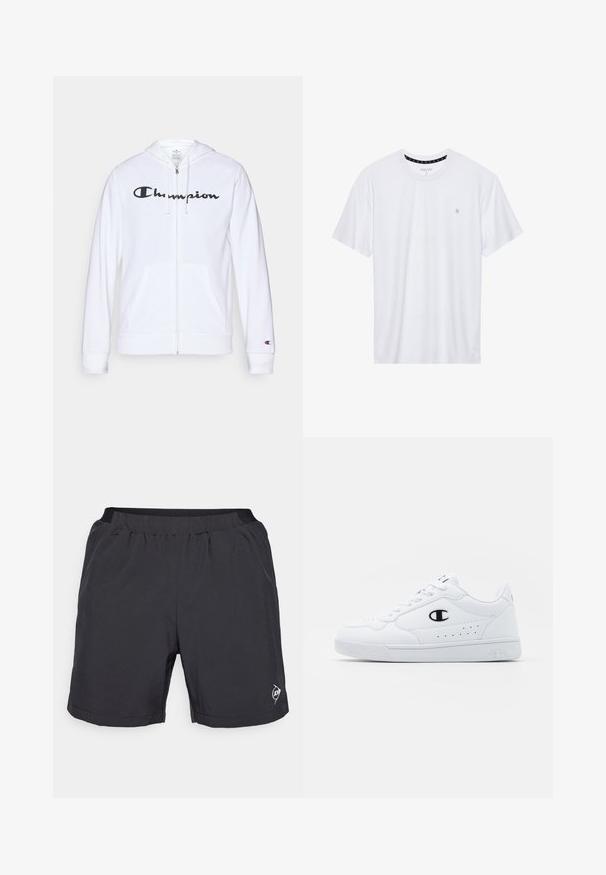 White zip-up hoodie made of soft fabric, featuring a black "Champion" logo on the chest, kangaroo pockets, and ribbed cuffs.; White crewneck t-shirt made of cotton, featuring short sleeves and a small logo embroidered on the left chest area. Soft texture.; Black athletic shorts made of lightweight fabric. Features an elastic waistband and a small logo near the hem. Smooth texture, above-knee length.; White athletic sneakers with a smooth synthetic upper, black logo accent, and perforated detailing on the side. Rubber sole.