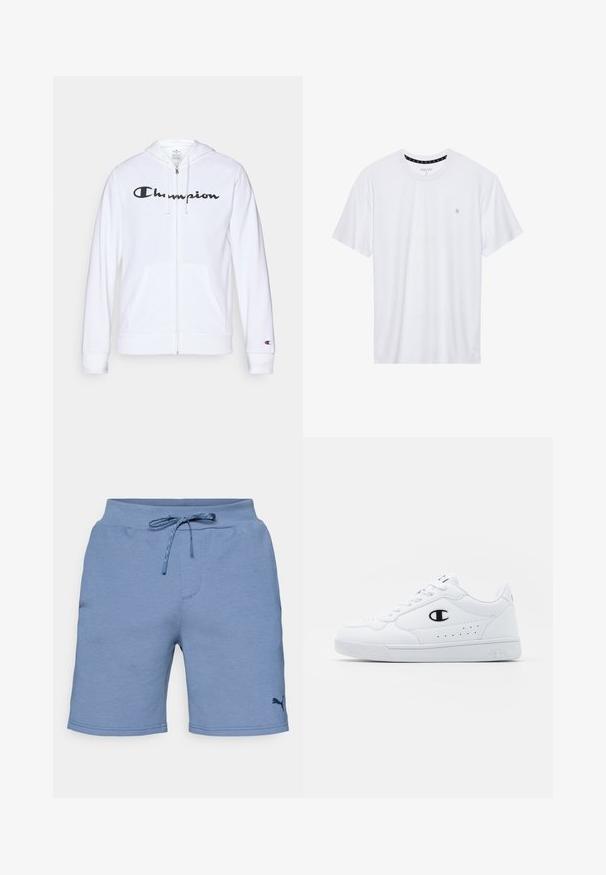 Balta užtrauktuku užsegama džemperis, pagamintas iš minkštos medžiagos, su juodu "Champion" logotipu krūtinėje, kengūrų tipo kišenėmis ir ribotu rankogaliais.; Balta apvalios kaklo marškinėliai, pagaminti iš medvilnės, su trumpomis rankovėmis ir mažuoju logotipu, išsiuvinėtu kairėje krūtinės pusėje. Minkštas audinys.; Šviesiai mėlyni sportiniai šortai su elastingu juosmeniu ir reguliuojamomis raišteliais. Apatinėje kojoje yra mažas tamsus logotipas.; Baltos sportinės kedai su lygiu sintetinės medžiagos viršumi, juodu logotipo akcentu ir perforuotomis detalėmis šonuose. Gumos padas.