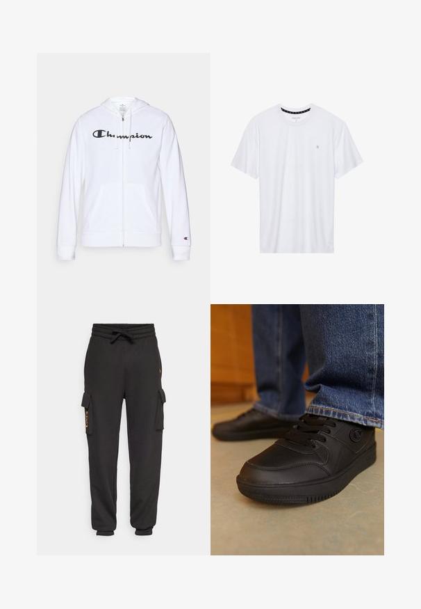 White zip-up hoodie made of soft fabric, featuring a black "Champion" logo on the chest, kangaroo pockets, and ribbed cuffs.; White crewneck t-shirt made of cotton, featuring short sleeves and a small logo embroidered on the left chest area. Soft texture.; Black sweatpants with a ribbed waist, drawstring closure, and cargo pockets on each side. Smooth texture with an embroidered logo detail.; Black sneakers with smooth, synthetic material. Features lace-up closure and textured accents on the upper. Rubber sole with tread pattern.