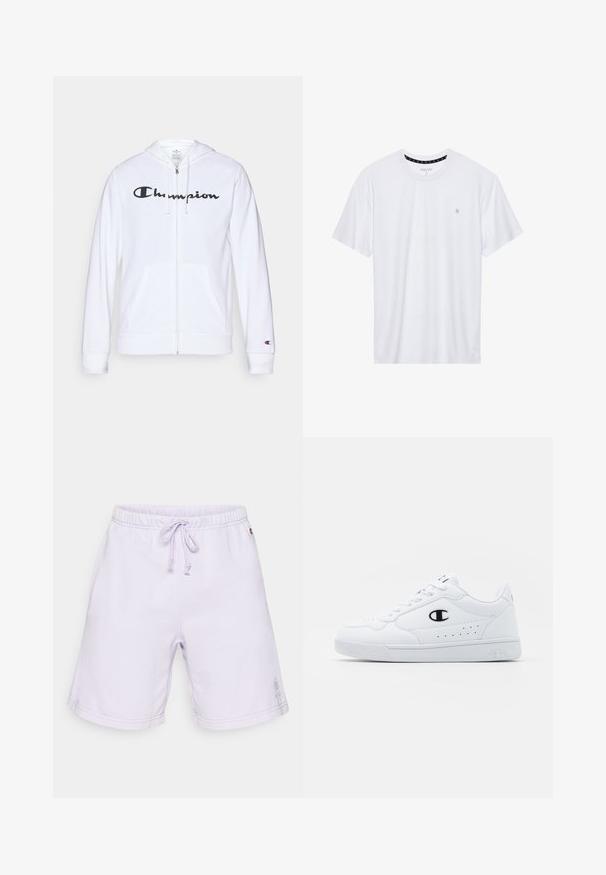 Sudadera blanca con cremallera hecha de tela suave, que presenta un logo negro de "Champion" en el pecho, bolsillos tipo canguro y puños acanalados.; Camiseta de algodón de cuello redondo en color blanco, con mangas cortas y un pequeño logo bordado en el área del pecho izquierdo. Textura suave.; Pantalones cortos deportivos en color lila, elaborados con una tela suave, con cinturilla elástica y cordón, bolsillos laterales y detalle del logo bordado.; Zapatillas deportivas blancas con un upper sintético suave, acento del logo en negro y detalles perforados en los laterales. Suela de goma.