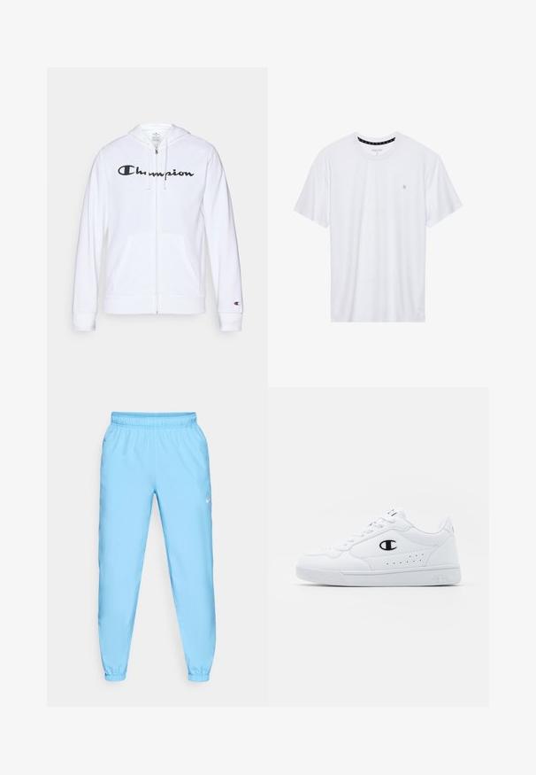 Weißer Reißverschluss-Hoodie aus weichem Stoff, mit einem schwarzen "Champion"-Logo auf der Brust, Kängurutaschen und gerippten Bündchen.; Weißes Crewneck-T-Shirt aus Baumwolle, mit kurzen Ärmeln und einem kleinen, auf der linken Brustseite gestickten Logo. Weiche Textur.; Nike Performance FORM PANT - Jogginghose - university blue/black/reflective silver; Weißes sportliches Sneakerpaar mit glattem, synthetischen Obermaterial, schwarzem Logo-Akzent und perforierten Details an der Seite. Gummisohle.