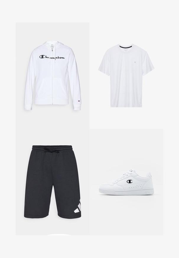 Hvit zip-up hettegenser laget av myk stoff, med en svart "Champion" logo på brystet, kengurulommer og ribbede mansjetter.; Hvit crewneck t-skjorte laget av bomull, med korte ermer og en liten logo brodert på venstre brystområde. Myk tekstur.; Svart treningshorts laget av mykt stoff, med elastisk midje med snøring og en hvit logo nederst til venstre.; Hvite atletiske joggesko med en glatt syntetisk overdel, svart logo-akcent og perforerte detaljer på siden. Gummisåle.