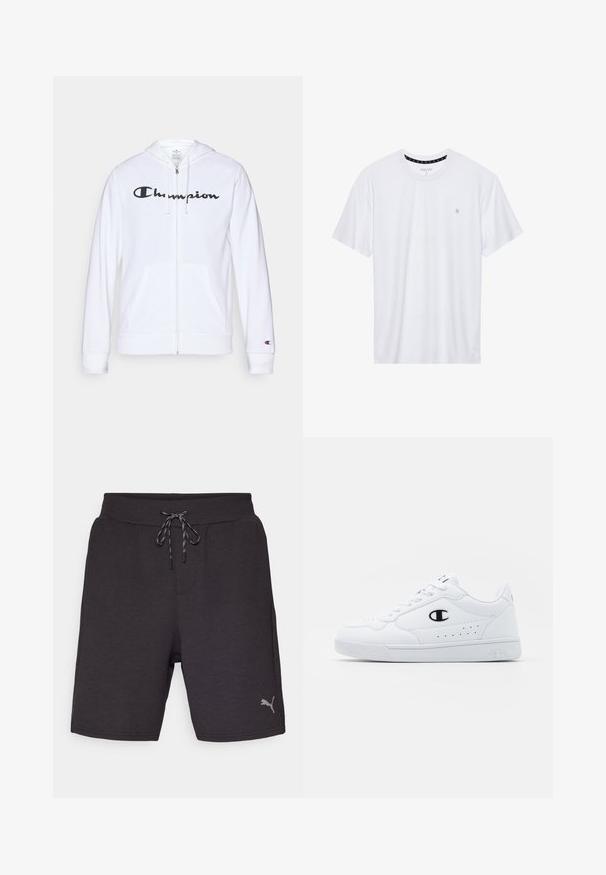 Hvit zip-up hettegenser laget av myk stoff, med en svart "Champion" logo på brystet, kengurulommer og ribbede mansjetter.; Hvit crewneck t-skjorte laget av bomull, med korte ermer og en liten logo brodert på venstre brystområde. Myk tekstur.; Mørkegrå herre atletikkshorts laget av myk stoff, med elastisk midje og snor, samt en liten sølvfarget logo på siden.; Hvite atletiske joggesko med en glatt syntetisk overdel, svart logo-akcent og perforerte detaljer på siden. Gummisåle.