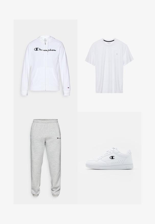 Balts zip-up džemperis, izgatavots no mīkstas auduma, ar melnu "Champion" logotipu uz krūtīm, kengura kabatām un ribotām piedurknēm.; Balts krekliņš ar apaļu kakla izgriezumu, izgatavots no kokvilnas, ar īsām piedurknēm un mazu logo izšuvumu kreisajā krūtīs. Mīksta tekstūra.; Champion ICONS ELASTIC CUFF SMALL LOGO - Treniņtērpa apakšdaļas - grey; Baltas sporta apavi ar gludu sintētisku augšdaļu, melnu logotipa akcentu un perforētu apdari sānos. Gumijas zole.