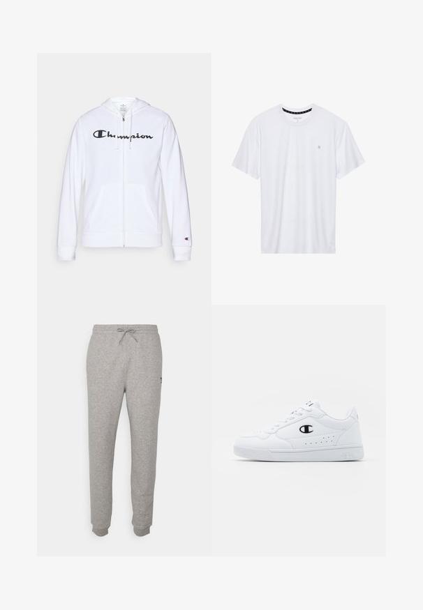 Hvid zip-hoodie lavet af blødt stof, med et sort "Champion" logo på brystet, kængurulommer og ribbede manchetter.; Hvid crewneck t-shirt lavet af bomuld, med korte ærmer og et lille logo broderet på venstre brystområde. Blød tekstur.; Grå sweatpants lavet af blødt stof, med en snor i taljen og smalle ben, ribbede manchetter og et lille logodesign på den ene side.; Hvide atletiske sneakers med en glat syntetisk overdel, sort logoaccent og perforerede detaljer på siden. Gummisål.