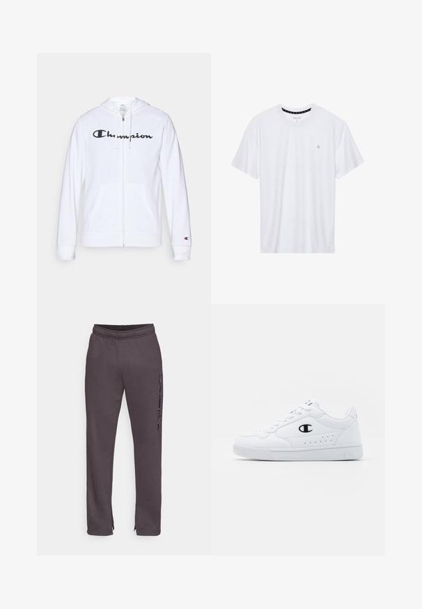 Sweatshirt branca com fecho, feita de tecido macio, apresentando um logótipo preto da "Champion" no peito, bolsos canguru e punhos canelados.; Camiseta branca de gola redonda feita de algodão, com mangas curtas e um pequeno logótipo bordado na área do peito esquerdo. Textura suave.; Champion ICONS STRAIGHT CUFF PANTS TONAL LOGO - Calças de fato de treino - anthracite; Sapatilhas brancas de desporto com um cabedal sintético liso, detalhes em preto no logótipo e perfurações na lateral. Sola em borracha.